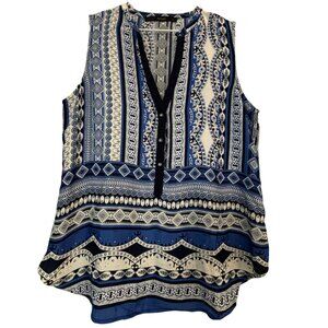 Fun 2 Fun blue black print rayon sleeveless top L